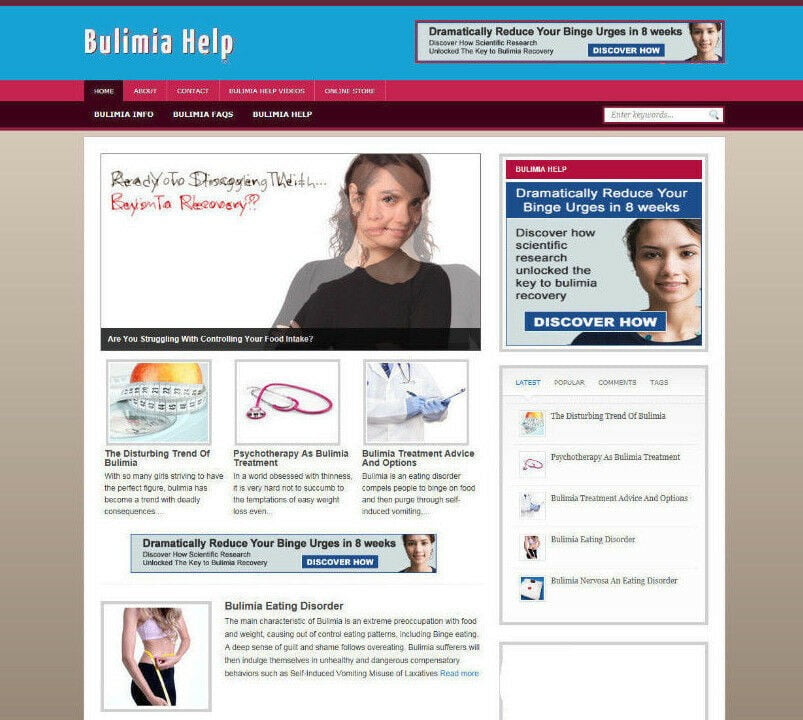 BULIMIA ADVICE STORE WEBSITE WITH AFFILIATES - FREE DOMAIN - HOSTING - PRO THEME