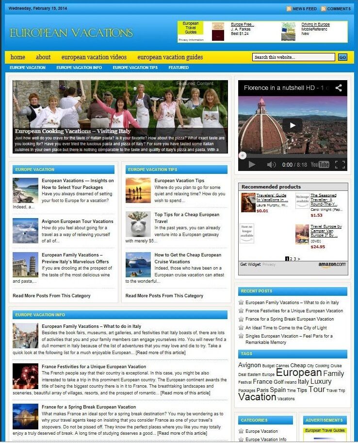 EUROPEAN VACATION BLOG WEBSITE BUSINESS FOR SALE! w/TARGETED SEO CONTENT