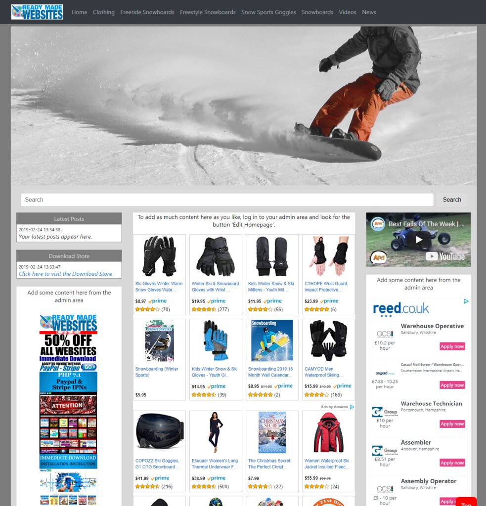 Automated Ready Made Amazon Affiliate Snowboarding Store Earn Cash from Home