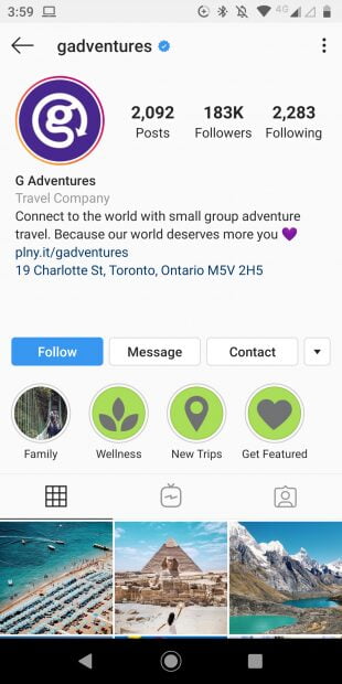 G Adventures Instagram profile