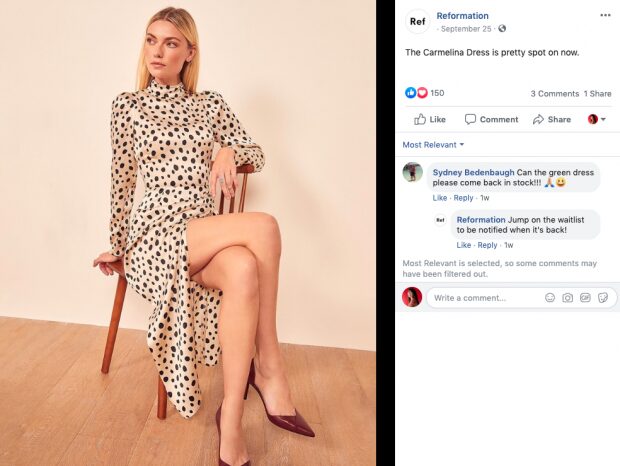 Facebook ad by Reformation featuring blonde woman in leopard spotted dress. Copy reads "The Carmelina Dress is pretty spot on."
