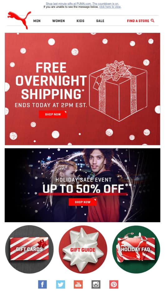 Puma free overnight shipping email offer for Christmas.