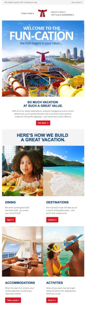 Carnival Cruise Line email showing an example of a travel agency email welcome message