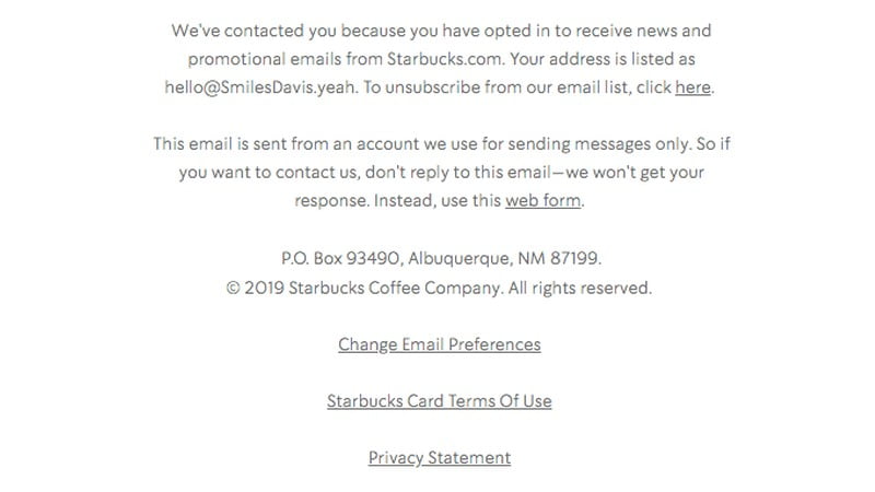 footer of Starbucks campaign email showing examples of linked resources for customers’ convenience