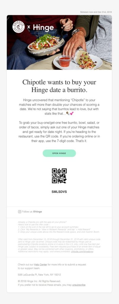 Chipotle and Hinge BOGO Deal email example