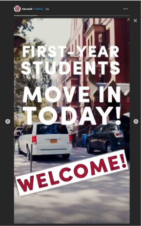 Harvard Instagram Story about first year students moving into dorms