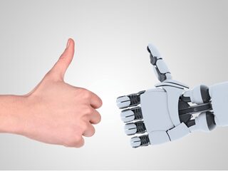 Robot and man hands showing a thumbs up gesture - AI concept