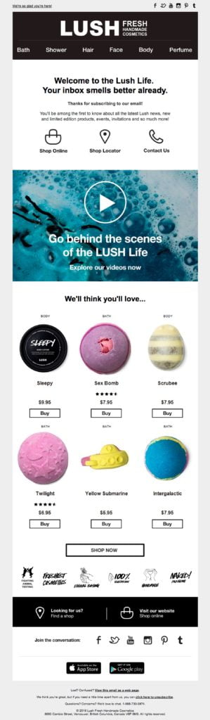 Increase your ecommerce conversion rate with a welcome email, Lush example