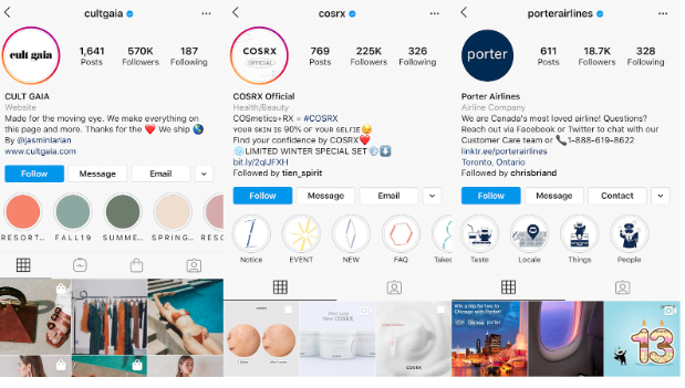 3 instagram profile pages: Cult Gala, Cosrx, Porter