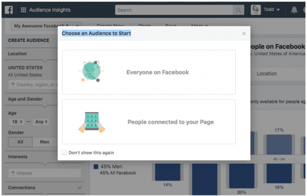 Options for choosing an audience in the Facebook Audience Insights dashboard