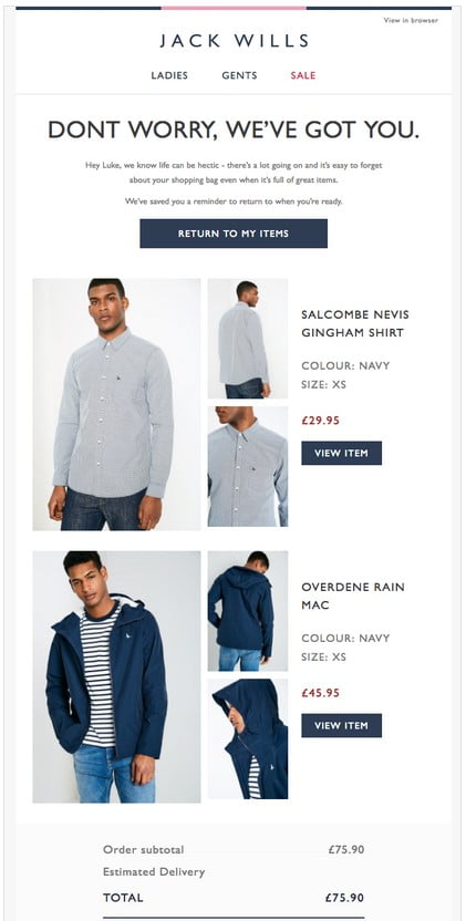 Jack Wills sends an abandoned cart transactional email to a potential customer.
