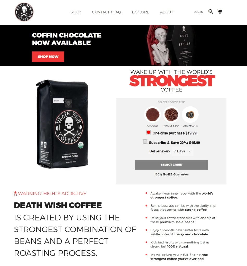 Screenshot of Death Wish Coffee Shopify page