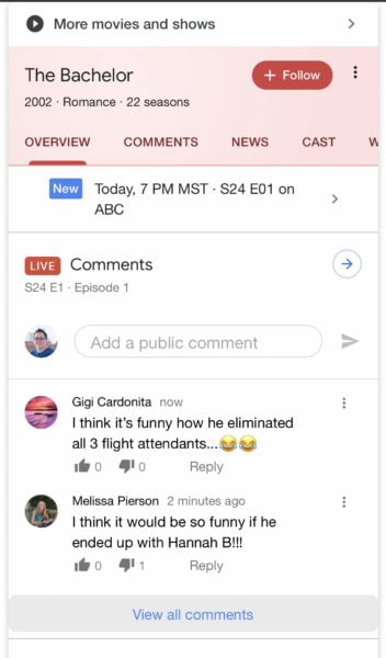 Google tests user comments for live TV shows