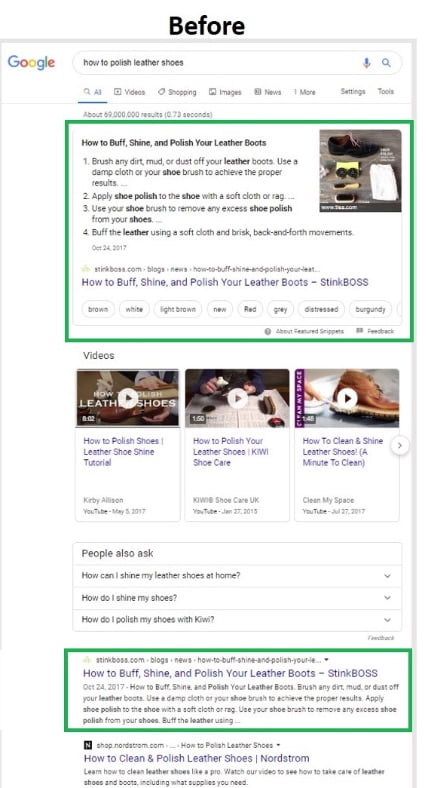 Before the update, Stinkboss.com occupied the featured snippet for “how to polish leather shoes” as well as a traditional blue-link listing.