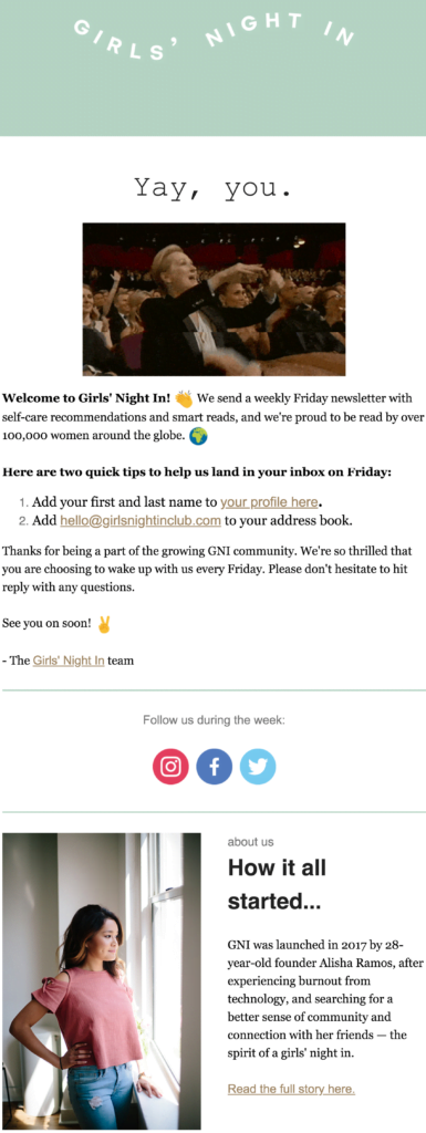 Girls Night In Welcome email - how your business can do a personal brand