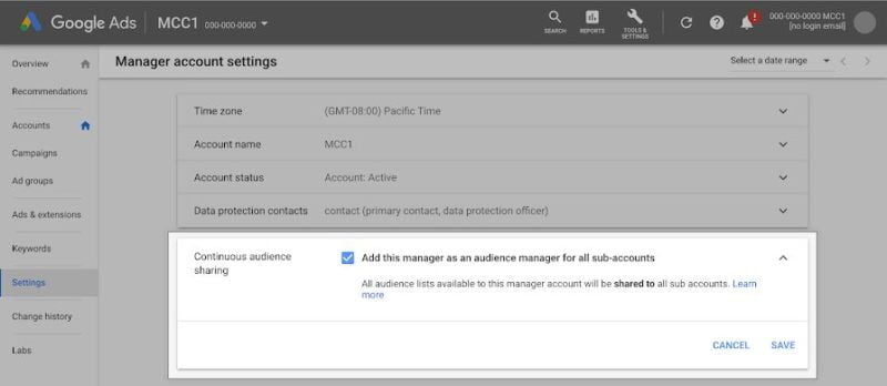 Google Ads intros 'continuous audience sharing' for manager accounts