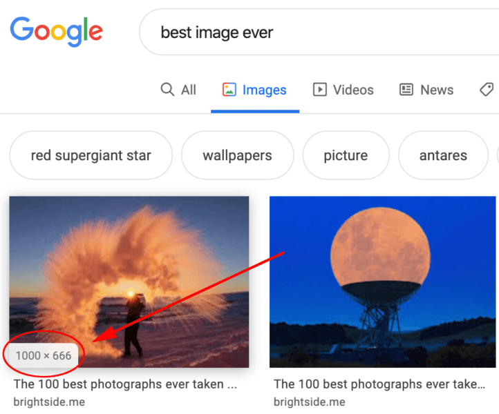 Google Images to replace dimensions overlay on image thumbnails