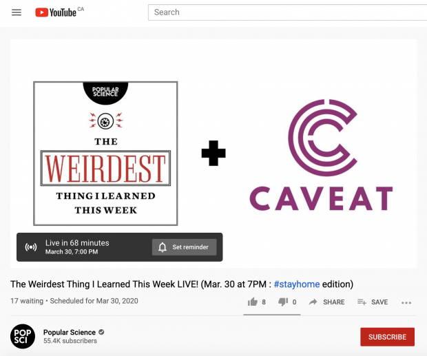 YouTube live stream reminder from "The weirdest thing I learned this week"