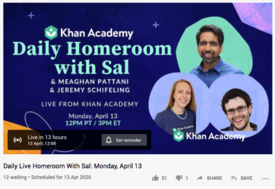YouTube cover art for Daily Homeroom with Sal vidoe, popup below says "Live in 13 hours"