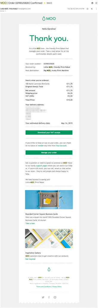 Automated order confirmation email from Moo.