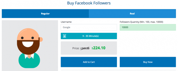Instafollowers dashboard prompting to buy Facebook followers