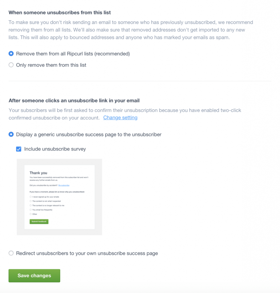 Screenshot of Campaign Monitor's unsubscribe survey feature