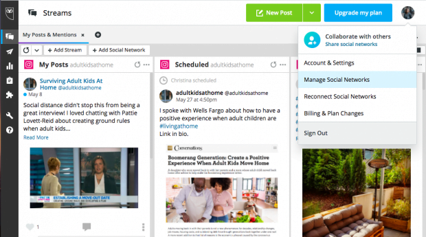 Screenshot of the Hootsuite dashboard, which lets you manage multiple social media profiles