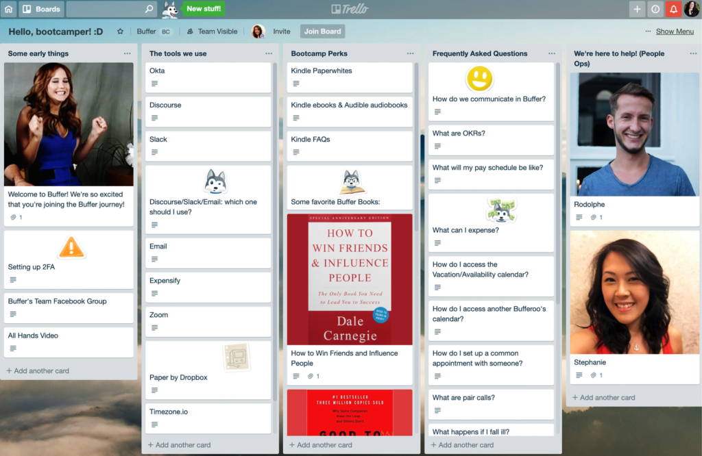 Photo of a Trello board with onboarding info