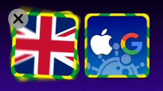 Graphic illustration showing a UK app icon next to an Apple/Google app