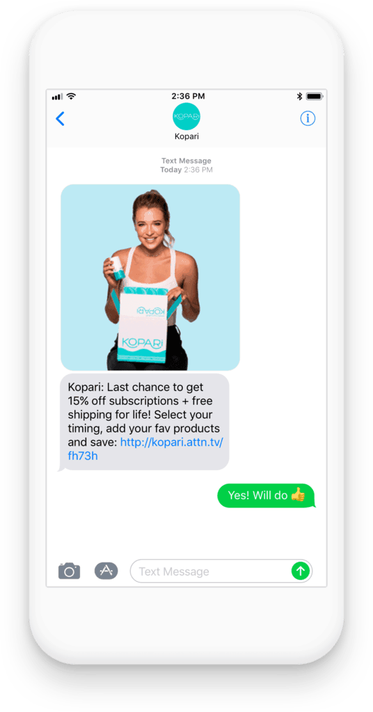 Ecommerce SMS campaign example using a discount code from Kopari.