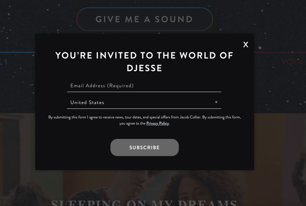 A popup signup form for musicians.