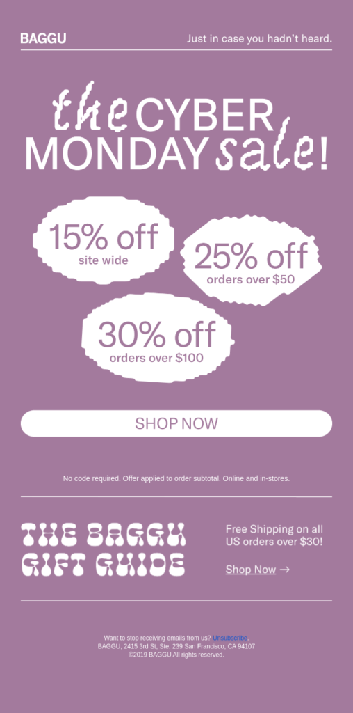 An example of a Cyber Monday email from Baggu.