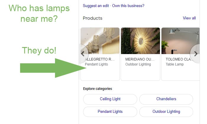 Local Google Business Profile product results for lamps.